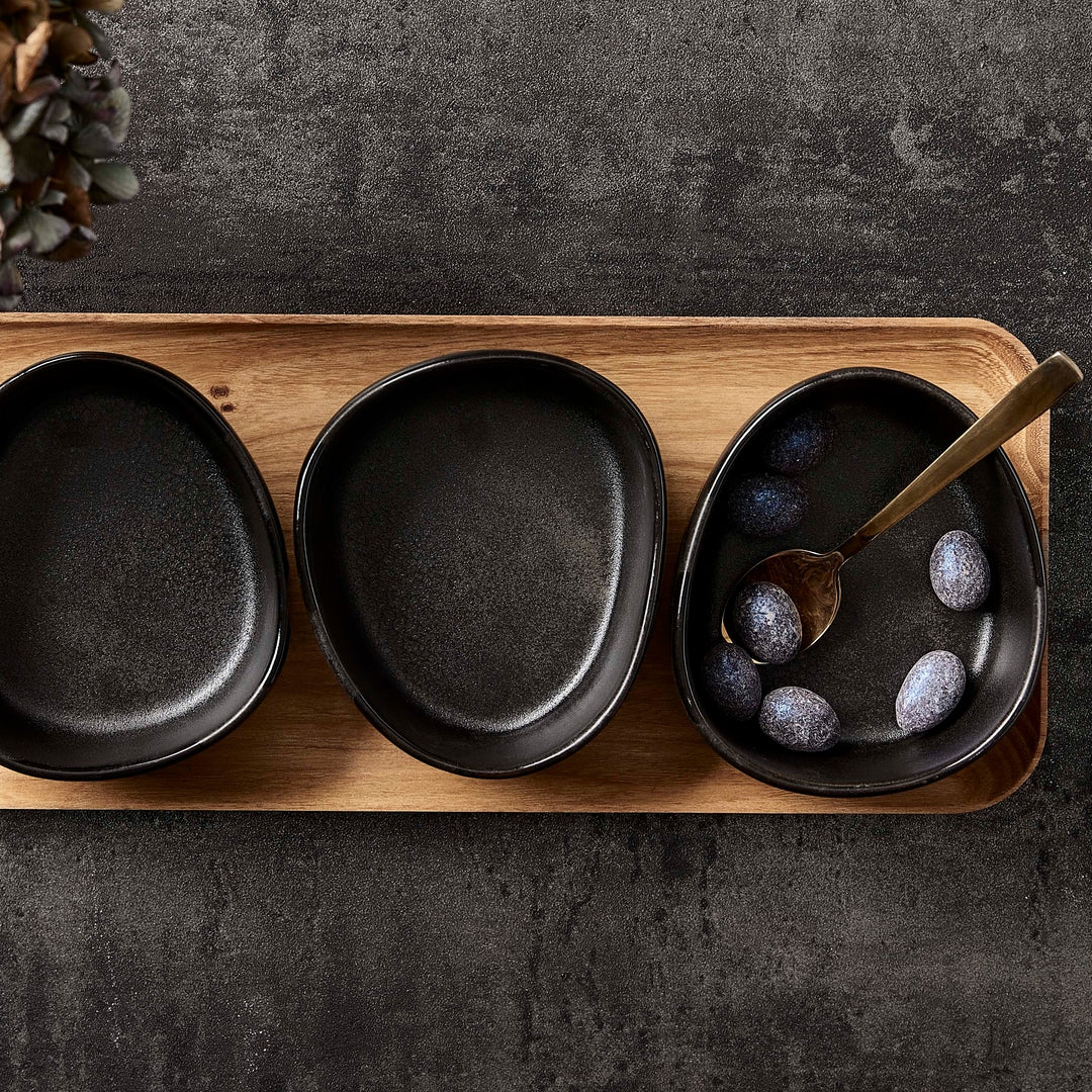 Organic skåle m/teakbakke, Titanium Black - 3 stk.